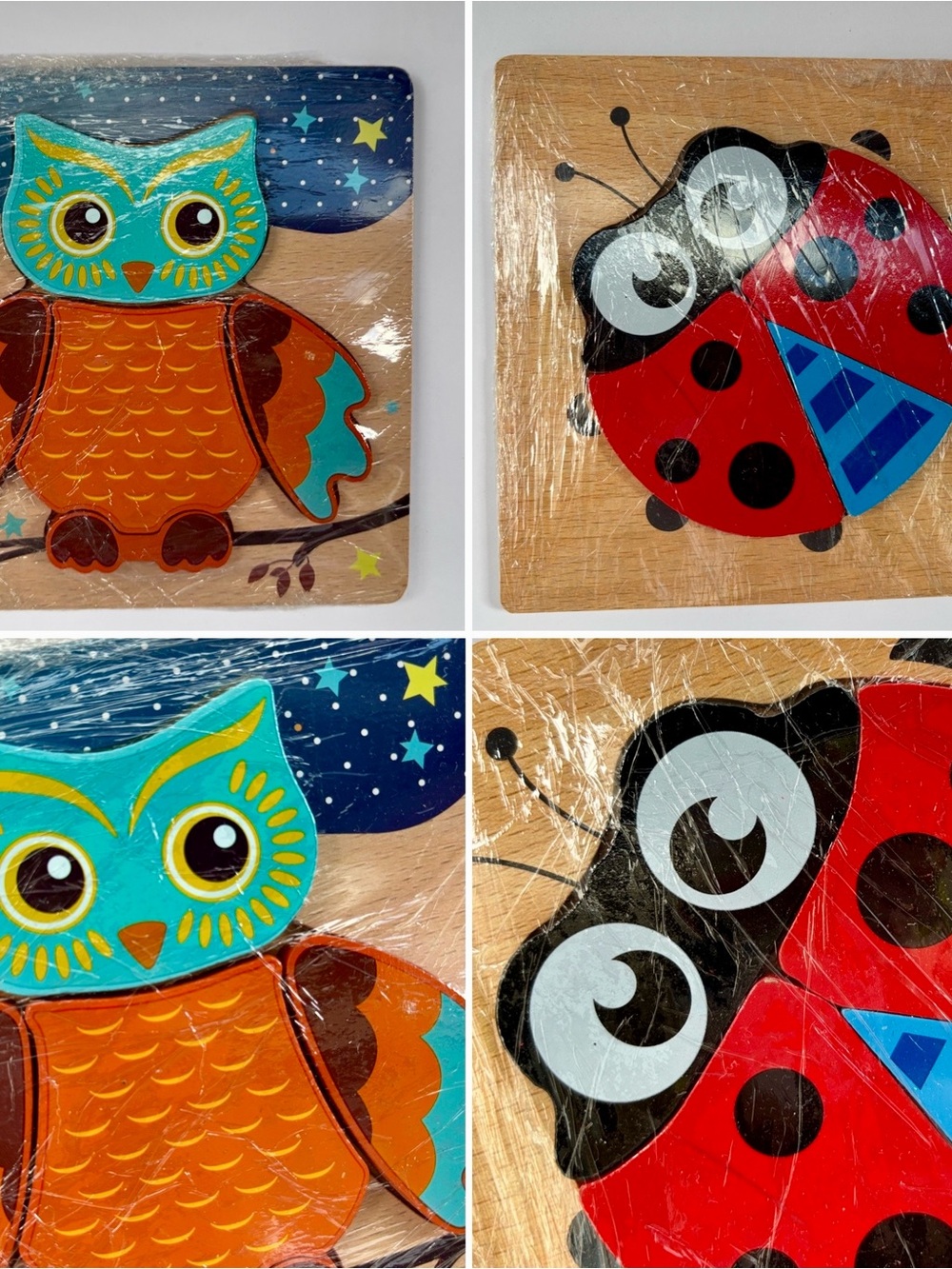 🧩 Wooden Toddler Puzzle Set – Owl & Ladybug | Like New